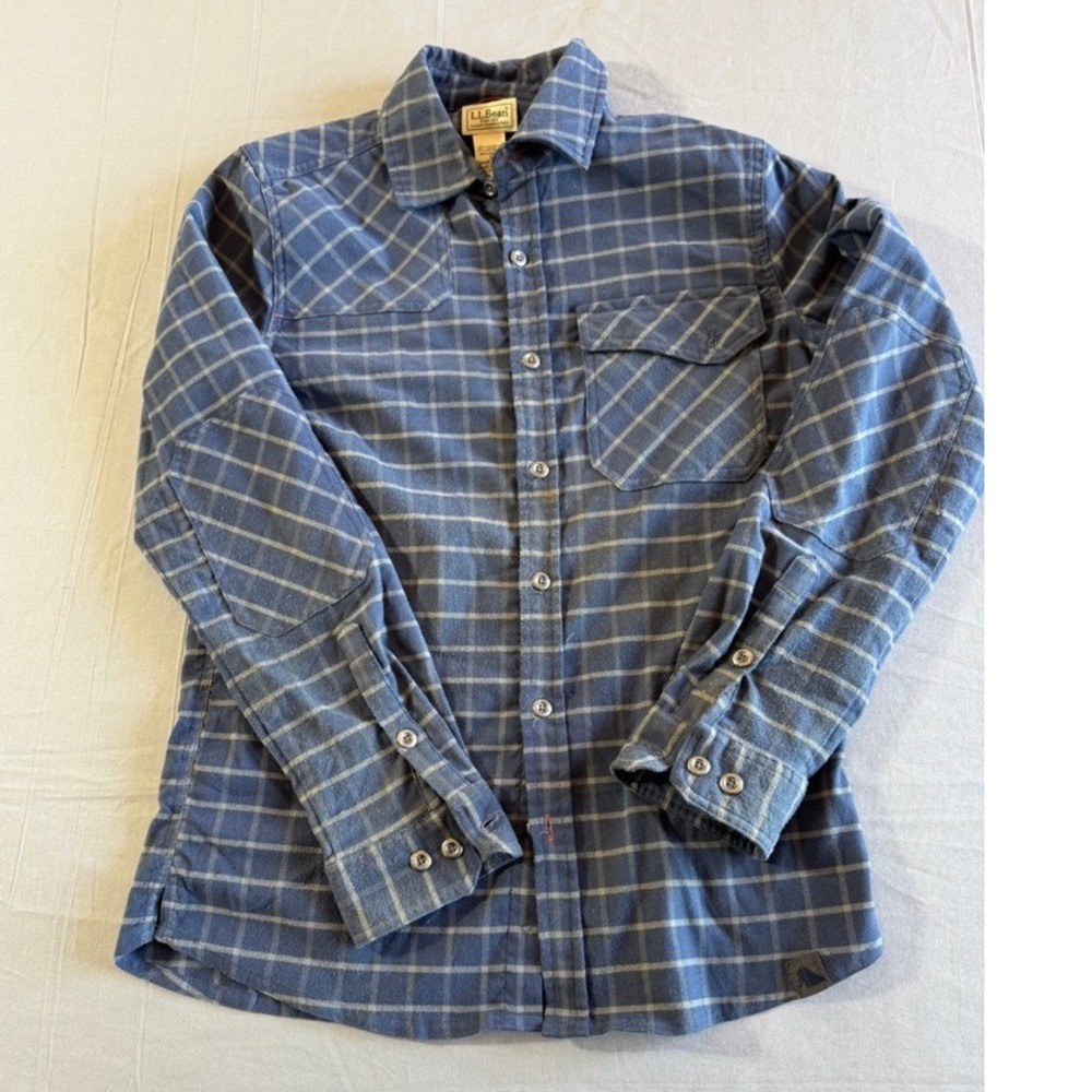 L.L.Bean Flannel Shirt Jacket Small Plaid Metal Buttons Long Sleeve Blue Small